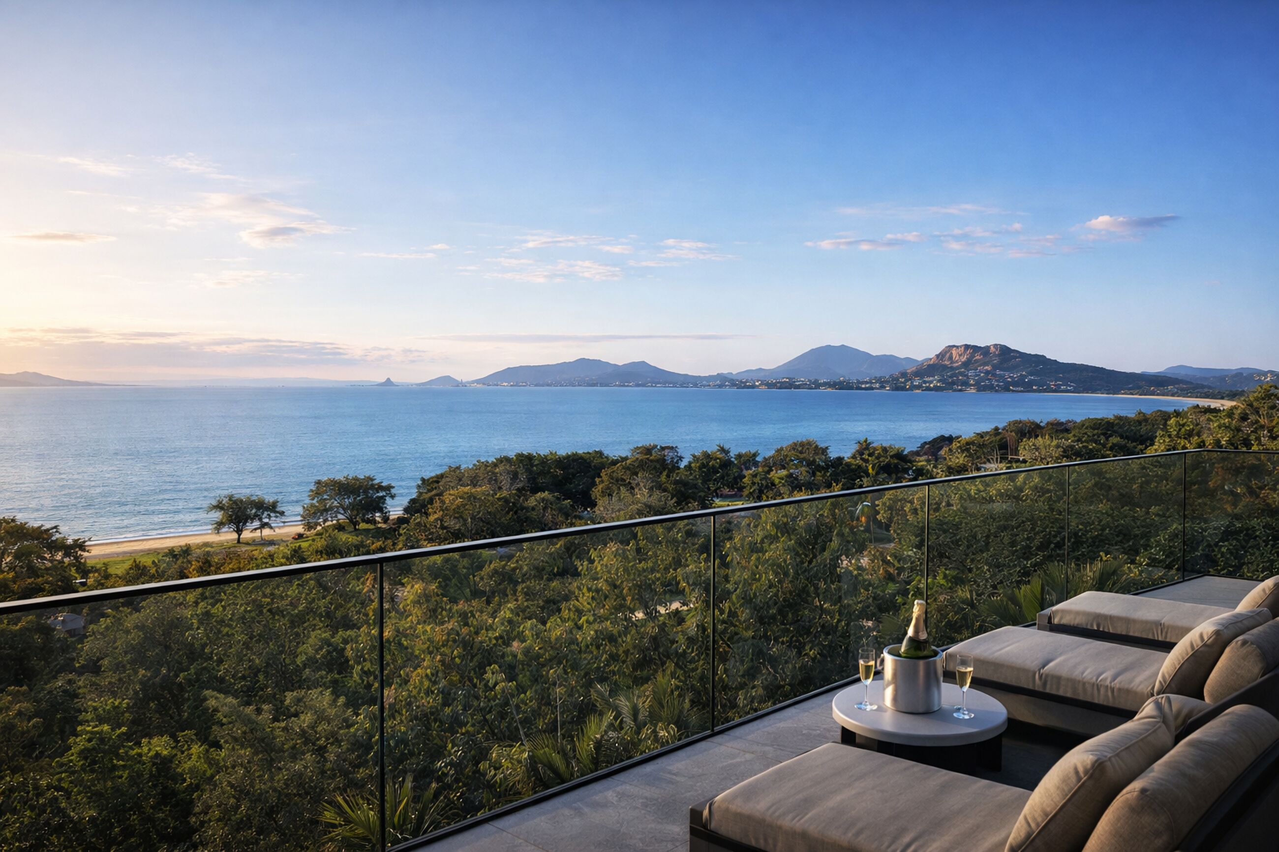 View from a terrace across the bay to the city and Castle Hill